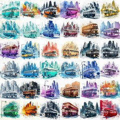 Watercolor drawing Futuristic concept bus in the city. AI generated illustration