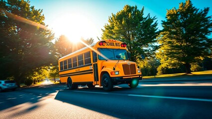 Yellow school bus driving on a sunny road with trees. Transporting students safely to school with sunshine and greenery.