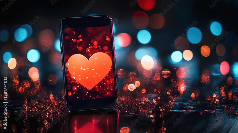 Poster heart on smartphone screen with bokeh lights for a romantic connection