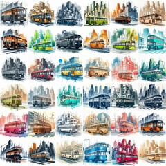 Watercolor drawing Futuristic concept bus in the city. AI generated illustration