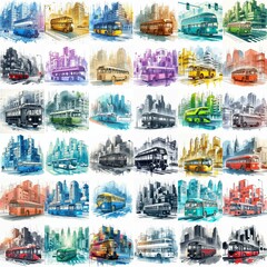 Obraz premium Watercolor drawing Futuristic concept bus in the city. AI generated illustration