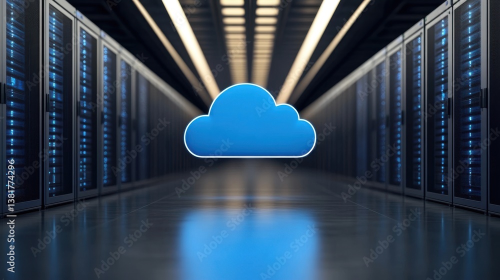 Aufkleber digital cloud symbol in a modern data center with rows of servers glowing in blue ambiance