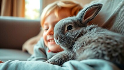 Naklejka premium A young child smiles while cuddling a fluffy, grey rabbit. The scene conveys warmth and affection between the boy and his pet.