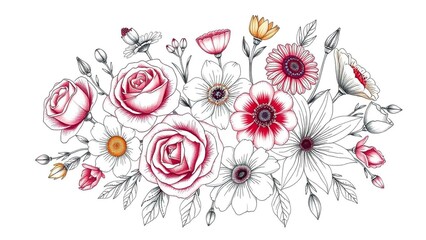 Elegant floral arrangement featuring roses, daisies, anemones, and other blossoms with delicate line art and subtle pops of color.