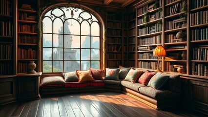 A cozy library nook with floor-to-ceiling bookshelves, a comfortable window seat, and a picturesque view of a distant castle.