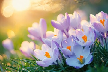 Fototapeta premium Spring crocus blossoms on grass with sunlight. AI generated illustration.