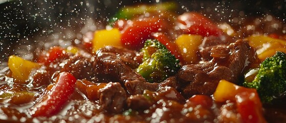 Vibrant Close-Up of Beef Stir Fry with Glossy Sauce and Vegetables