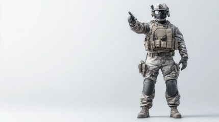 Soldier in Tactical Gear Pointing with Confidence on a Light Background for Military and Security Themes