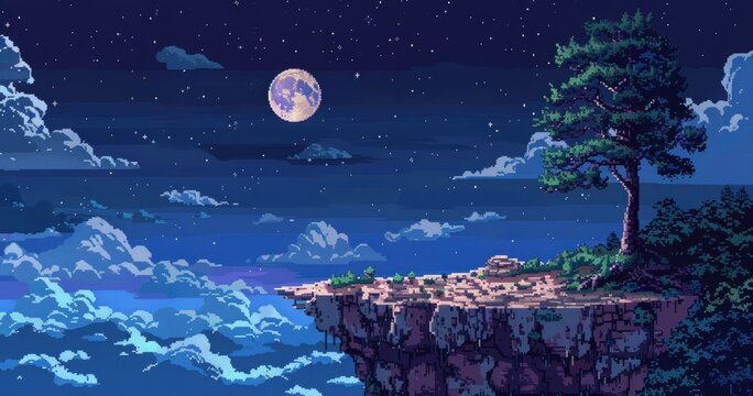 16-bit pixel art spritesheet, 64x64 cene dimension, the tip of a night cliff, style of metal slug 