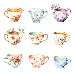 set of vintage watercolor teacups with floral patterns, pastel colors, white background, tea party clipart style