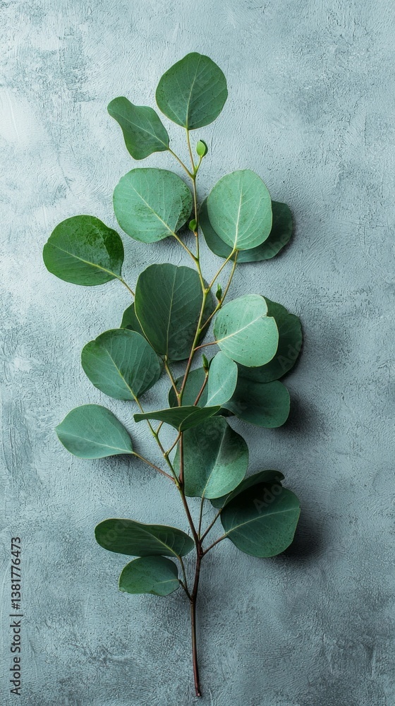 Poster eucalyptus branches display vibrant green leaves against a subtle textured background, enhancing the