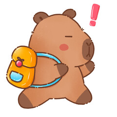 Naklejka premium Cute capybara character with backpack, expressing surprise or excitement. This adorable illustration captures playful moment perfect for school