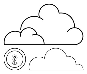 Black outlines of clouds and glyph featuring an eye in triangle within a circle. Ideal for technology, cloud storage, connection, surveillance, vision, abstract thinking, flat simple metaphor