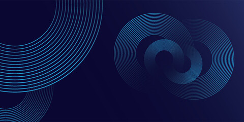 Abstract blue glowing geometric lines on dark blue background. Modern shiny blue circle lines pattern. Futuristic technology concept. Suit for cover, poster, banner, brochure, header, website