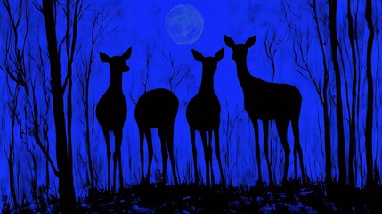 Four deer silhouettes are standing under a full moon in a forest