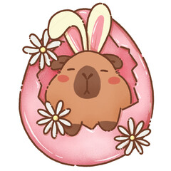 Cute cartoon sheep with bunny ears inside pink egg surrounded by flowers, evoking joyful and playful Easter vibe