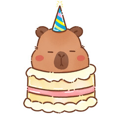 Cute capybara wearing party hat on top of delicious cake, celebrating joyful occasion with sweet expression