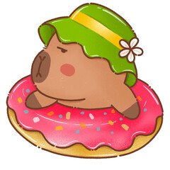 Cute capybara wearing green hat, relaxing on pink donut with sprinkles, radiating cheerful summer vibe