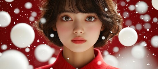 Portrait of a beautiful Asian woman in a festive winter scene with floating orbs
