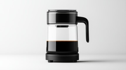 Modern Transparent Coffee Maker with Black Handle on Minimalistic Background for Stylish Kitchen Concept