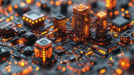 Obraz premium Glowing city of circuits & components with neon orange lights & metallic textures. Digital futuristic concept