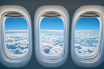 Fototapeta premium Airplane windows with view of vast sky from interior. AI generated illustration.