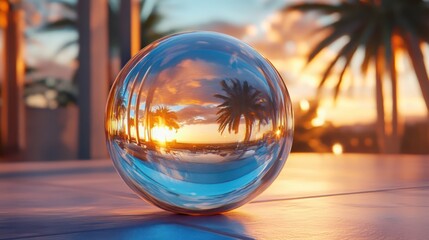 Sunset Reverie: A Crystal Orb Reflecting a Coastal Paradise at Dusk