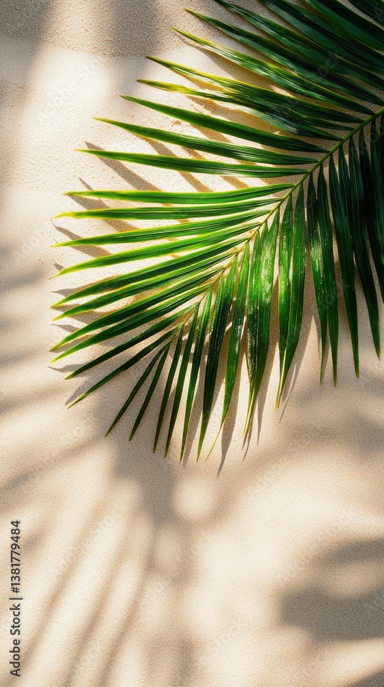 Poster sunlight filters through vibrant palm leaves, creating intricate shadows on a warm-toned wall. the a