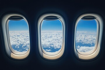 Fototapeta premium Airplane windows with view of vast sky from interior. AI generated illustration.
