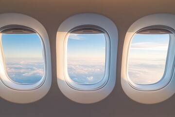 Fototapeta premium Airplane windows with view of vast sky from interior. AI generated illustration.
