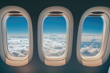 Fototapeta premium Airplane windows with view of vast sky from interior. AI generated illustration.