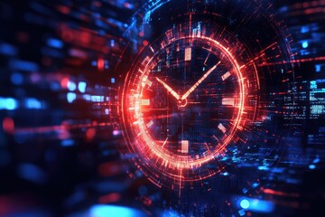 Timeline concept with clock on digital background. AI generated illustration.