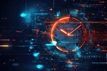 Obraz premium Timeline concept with clock on digital background. AI generated illustration.