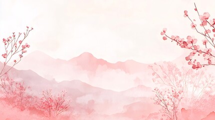 Soft Watercolor Landscape with Pink Blossoms Trees and Mountains in Gentle Light