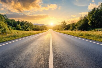 Fototapeta premium Deserted asphalt road with evening sun sky backdrop. AI generated illustration.