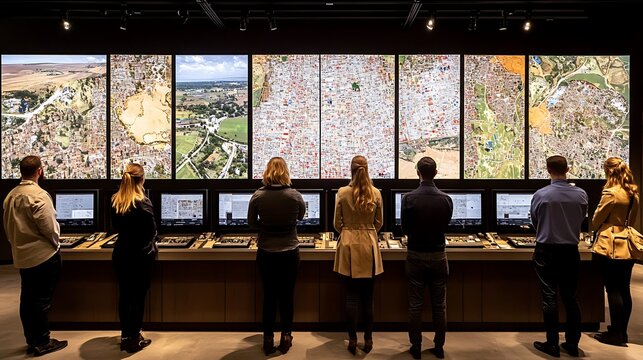 People observing a large display of aerial views of urban areas