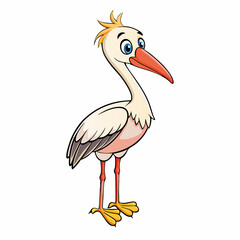 Vector illustration of a white stork with wings standing on grass, showcasing its red beak and black feathers, symbolizing nature and wildlife