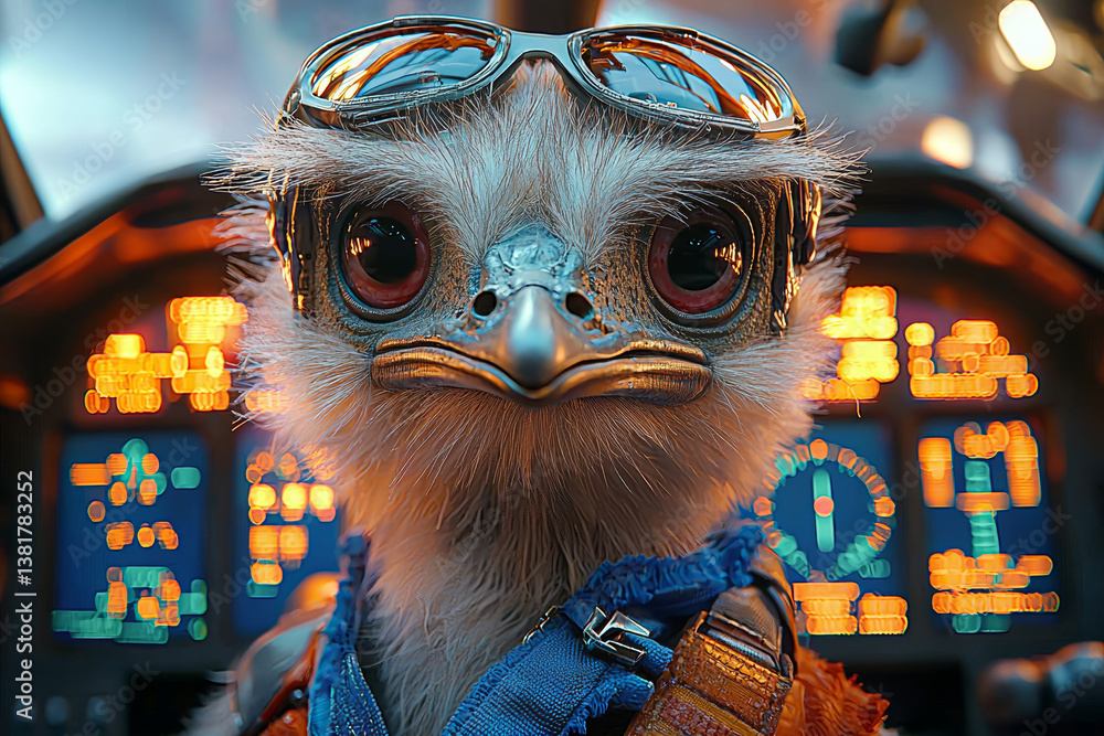 Poster ostrich dressed as pilot flying airplane cockpit controls panel lit up showing flight instruments da