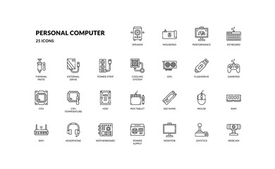 personal computer and peripheral electronic for office or gaming pc outline line icon set