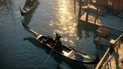 Obraz premium Gondola Ride at Sunset A Serene Waterway Journey with Reflections and Tranquil Atmosphere