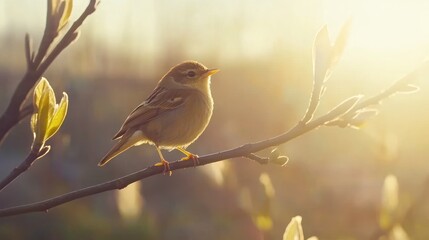 Obraz premium Sunlit Bird Perched on a Branch Nature Photography Wildlife Scene Golden Hour Lighting Sere
