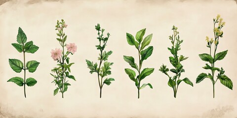 Six delicate watercolor botanical illustrations of herbs and flowers on antique paper Perfect for vintage design projects and greeting cards
