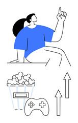 Woman pointing upward beside popcorn, game controller, and arrows symbolizing entertainment, gaming, productivity, brainstorming, innovation, fun growth. Ideal for creativity-driven concepts flat
