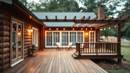 Back yard house exterior with spacious wooden deck with patio area and attached pergola