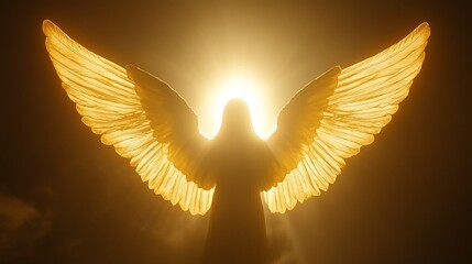 A silhouetted figure with large illuminated wings in bright sunlight