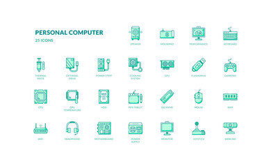 personal computer and peripheral electronic for office or gaming pc green filled line icon set