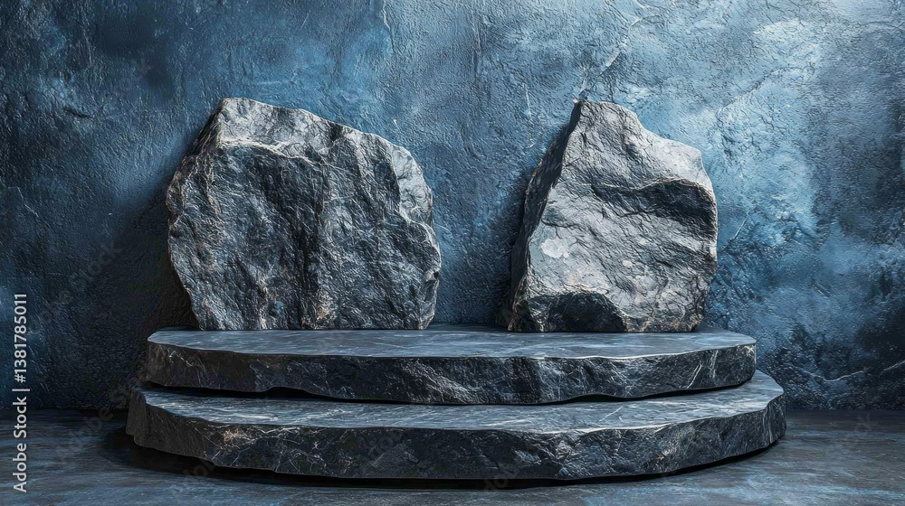 Poster this striking rock podium showcases a unique design with textured stone elements, perfect for produc