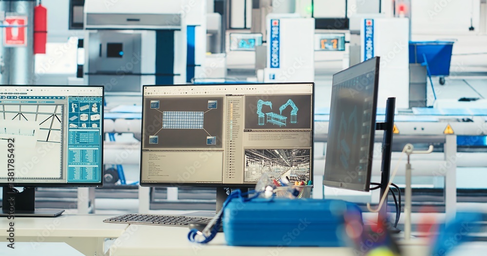 Poster cad program on pc screen in photovoltaics factory used for designing production lines for solar pane