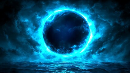 A celestial glowing orb surrounded by atmospheric elements on water