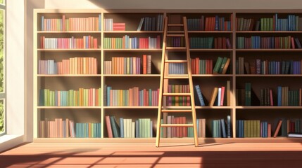 Sunlit Library with Ladder and Colorful Books on Shelves Ideal for Education Knowledge and R
